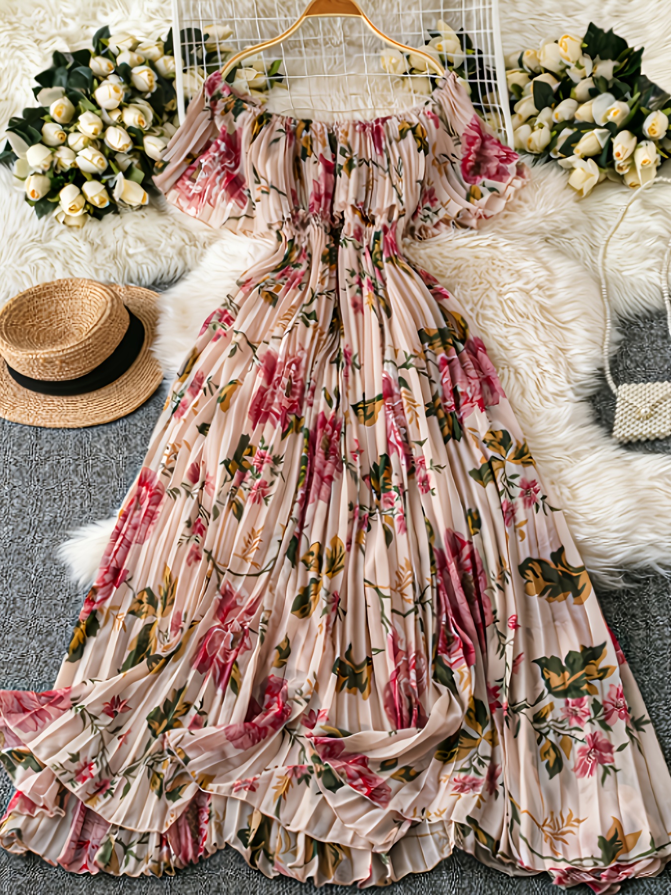 Plus Size, Floral Print Chiffon Sleeveless Elegant Vacation Vintage Pleated  Maxi Dress