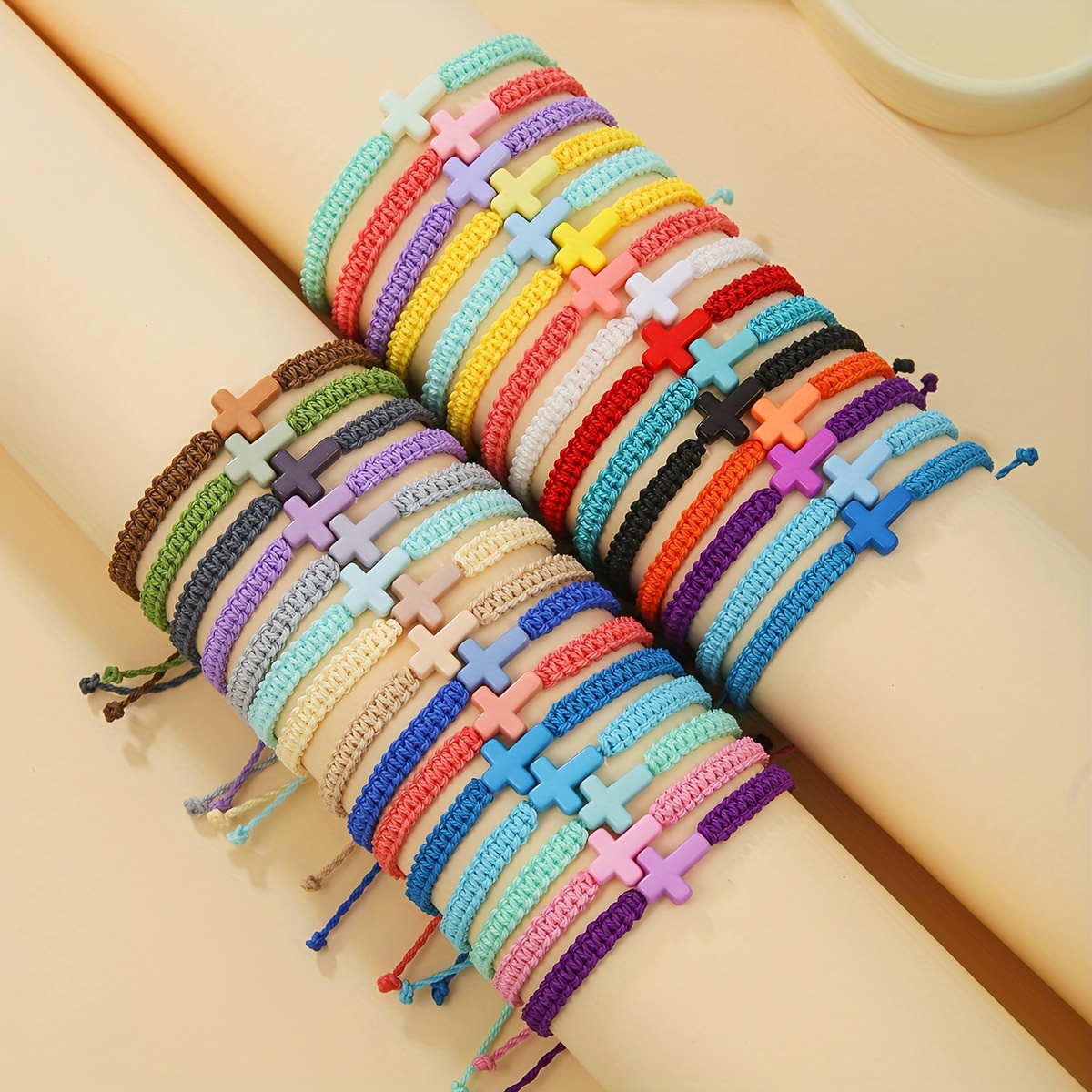 Image of 30pcs Colorful Cross Bracelet Set, Handmade Adjustable Wristbands, Suitable For Daily Wear Or Gifting For Couples Or While Surfing