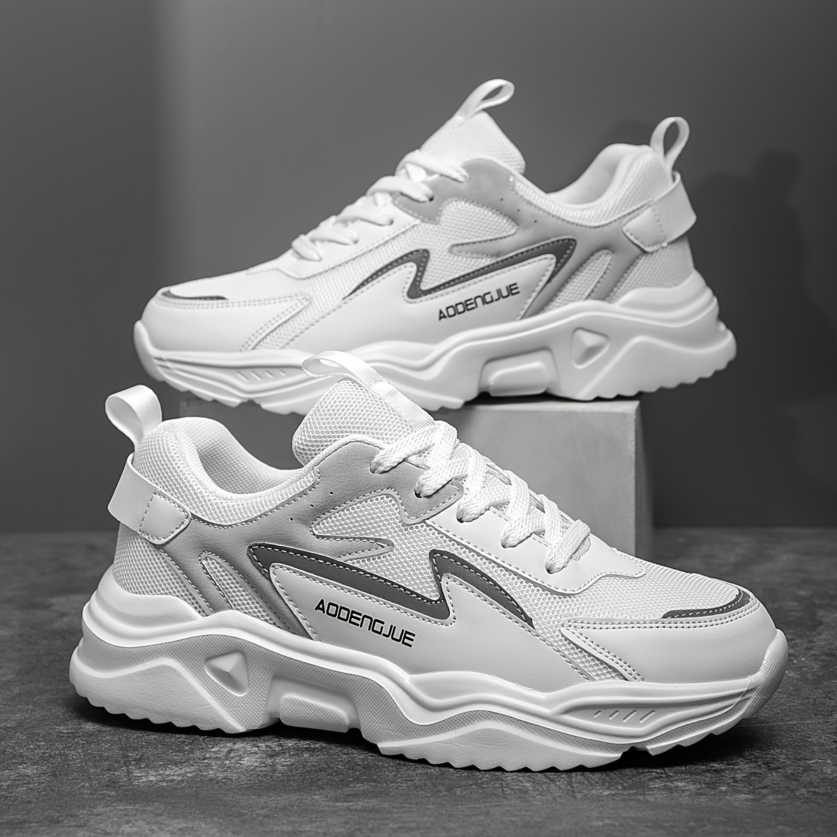 Zapatillas Casuales de Suela Gruesa para Hombre con Diseño de Letras - Parte Superior Ligera y Transpirable de PU/Tela, Suela Acolchada EVA, Detalles a Rayas & Punta Redonda para Correr al Aire Libre, Senderismo, Uso Diario, Calzado Casual, Cómodo