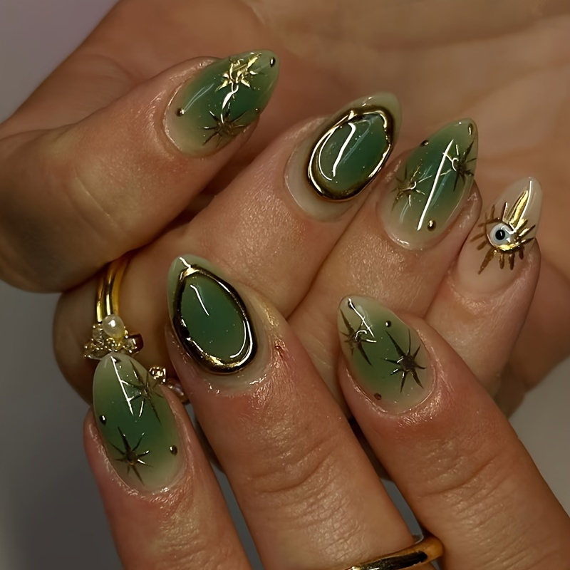 

Starry Night Green Ombre Press-on Nails - Short Shape, Removable False Nails With Golden Accents And , Casual Attire Or