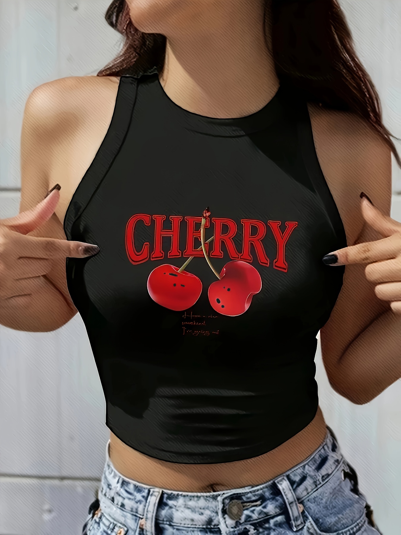 vibrant cherry print crew neck tank top sleeveless crop top - Temu