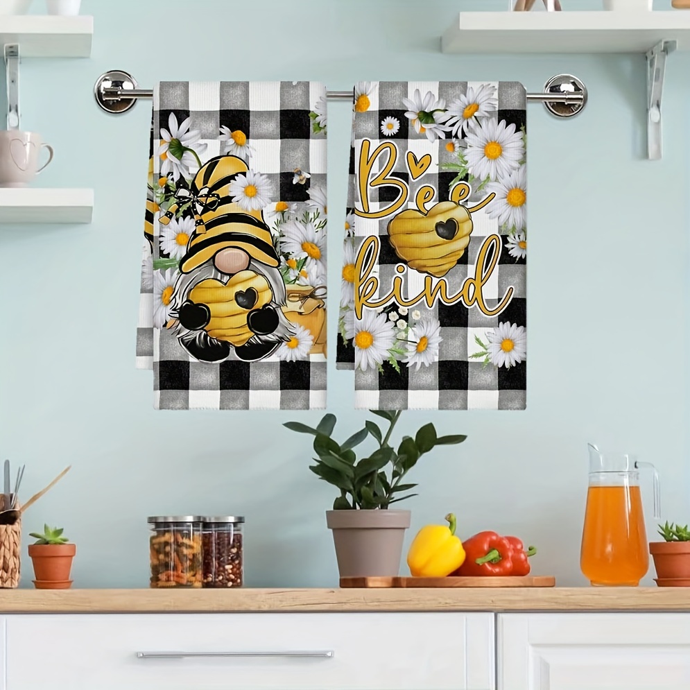 Image of 2pcs Of Hand Towel, Dwarf Heart Honeycomb Dish Towel, Fade Color Buffalo Checkered Daisy Pattern Kitchen Towel, Wiping Towel, Soft Absorbent Cloth Towel, Kitchen Decoration, Table Decoration, 45*70cm