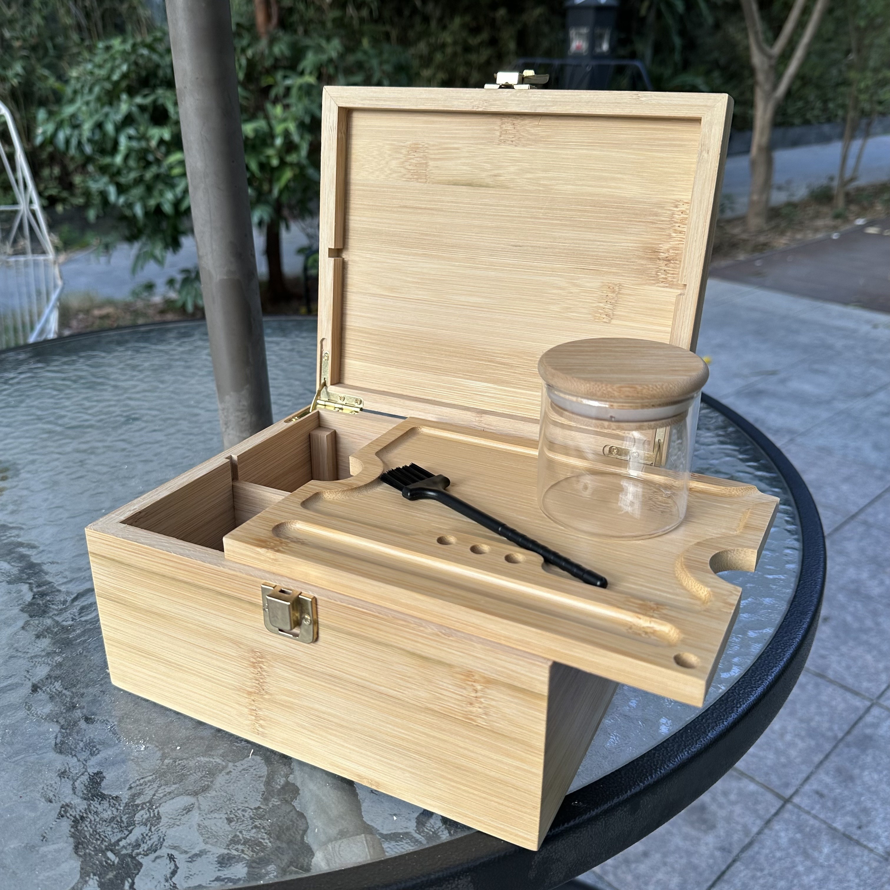 1set, Large Stash Box, Wooden Storage Box With Tray, Bamboo Storage Box  With Lock And Accessories, Smoking Paper Anti-odor Canister Private Box  With B