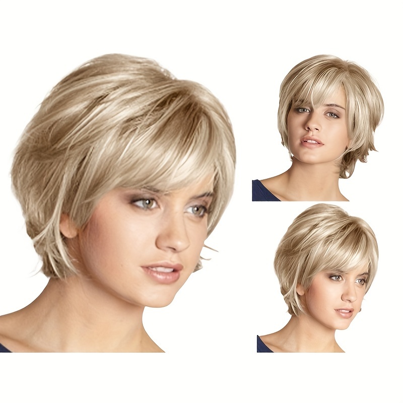 

Blonde Cut Wig With Bangs For Women - Heat Resistant, Layered Synthetic Hair For Cosplay & Casual Attire