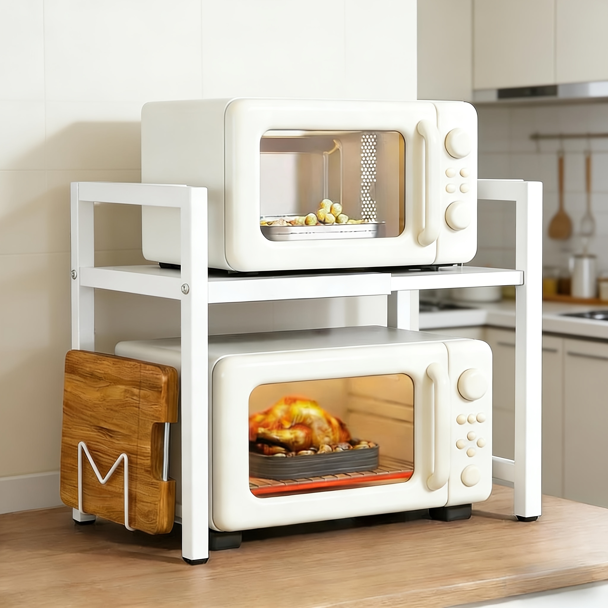 TEMU Microwave Oven Rack 2-tier/3-tier, Kitchen Storage Rack, Adjustment, Suitable For Kitchen, With Hooks, Cutting Board Rack, Chopstick Holder And