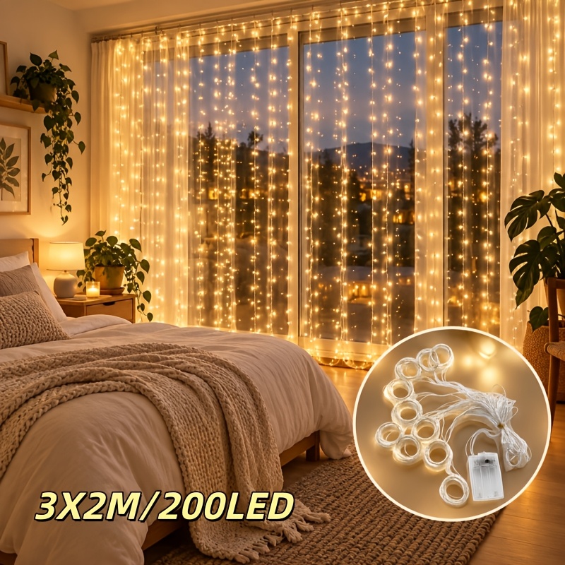 TEMU 300/200 Led Fairy Curtain Lights, Battery Operated Warm Curtain String Lights With 8 Modes, Cozy Bedroom Decorative Lights For Home, Wedding,