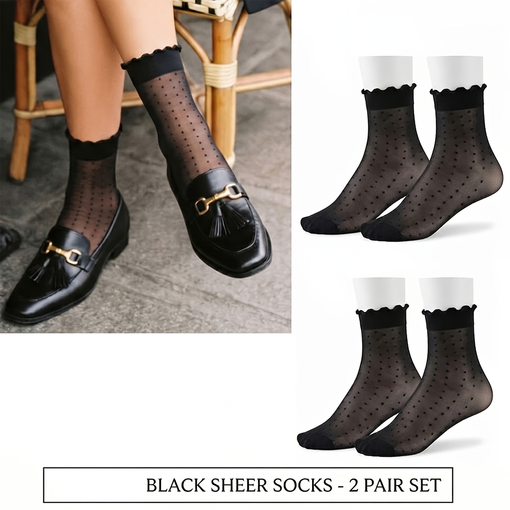 Image of Of Thin Solid Color Polka Dot Socks, Pleated Ankle Socks, Transparent Thin Socks, Retro Solid Color Round Neck Socks, Suitable For Dresses And High Heels, Comfortable And Breathable