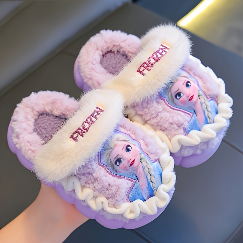 Girls' Frozen Princess Slippers - Winter Warmth with Frozen Characters, Soft Plush Indoor House Shoes with Non-Slip PVC Sole - Slip-On Closure for Girls Ages 3-12