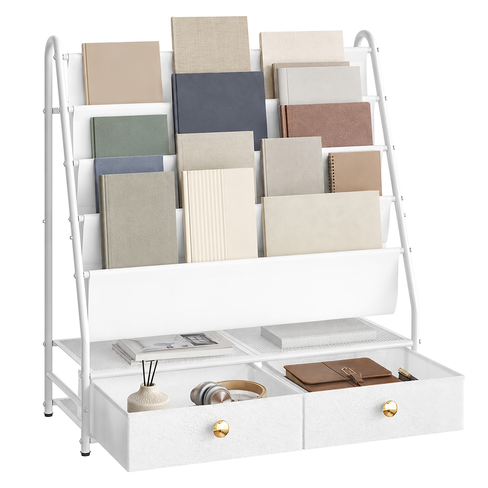Image of 4-tier Small Desktop Bookshelf With 2 Drawers, Classic White Storage Organizer Shelf, 28×70×76cm Office Furniture For Books Desktop Storage