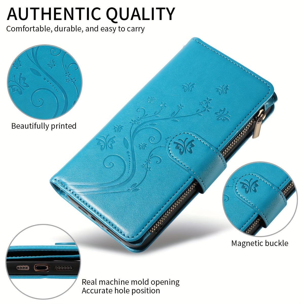 TEMU Phone Case: Embossed Wallet Style Synthetic Leather Magnetic Closure Phone Case With Coin Pocket, Card Slots, And Wrist Strap, Suitable For