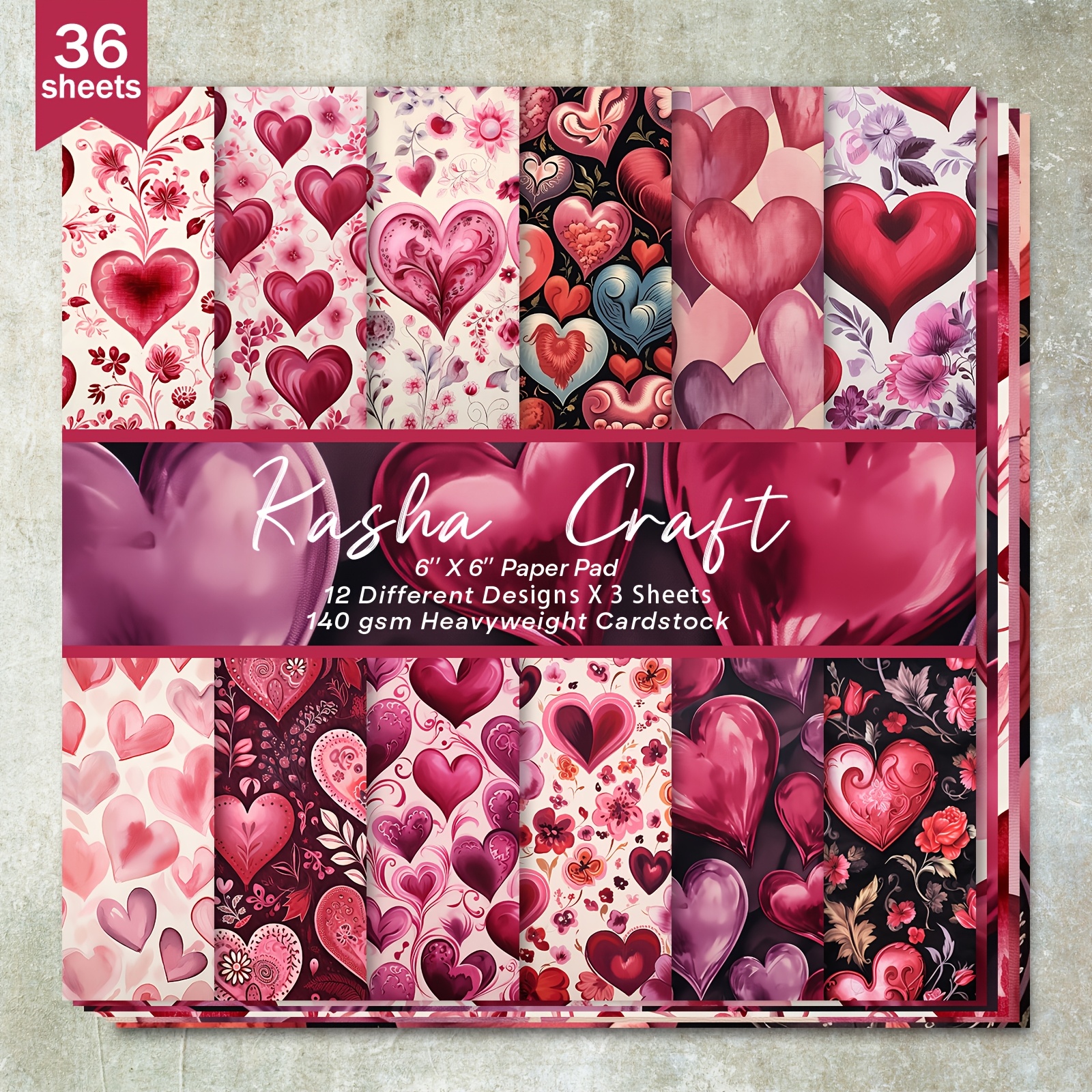 

36 Feuilles de Cartonné Lourd Kashha Craft 6x6 Pouces - 12 à Thème Cœur pour Scrapbooking, Bullet Journals, Cartes de Vœux et Artisanat , 140 GSM, Papeterie pour la Saint-Valentin, Mariage et DIY