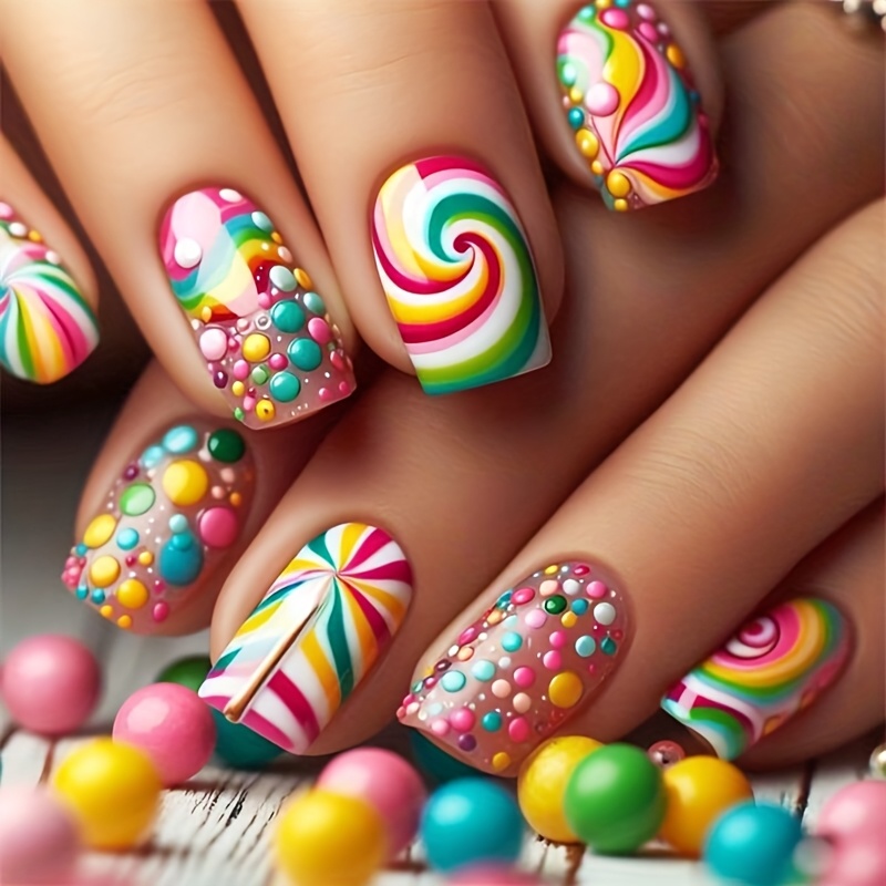 TEMU 48pcs Sweet Lollipop Press-on Nails - Colorful Polka Dot & Designs, Glossy Short Square Fake Nails With Nail File & Jelly Glue For Women & All Nail Types