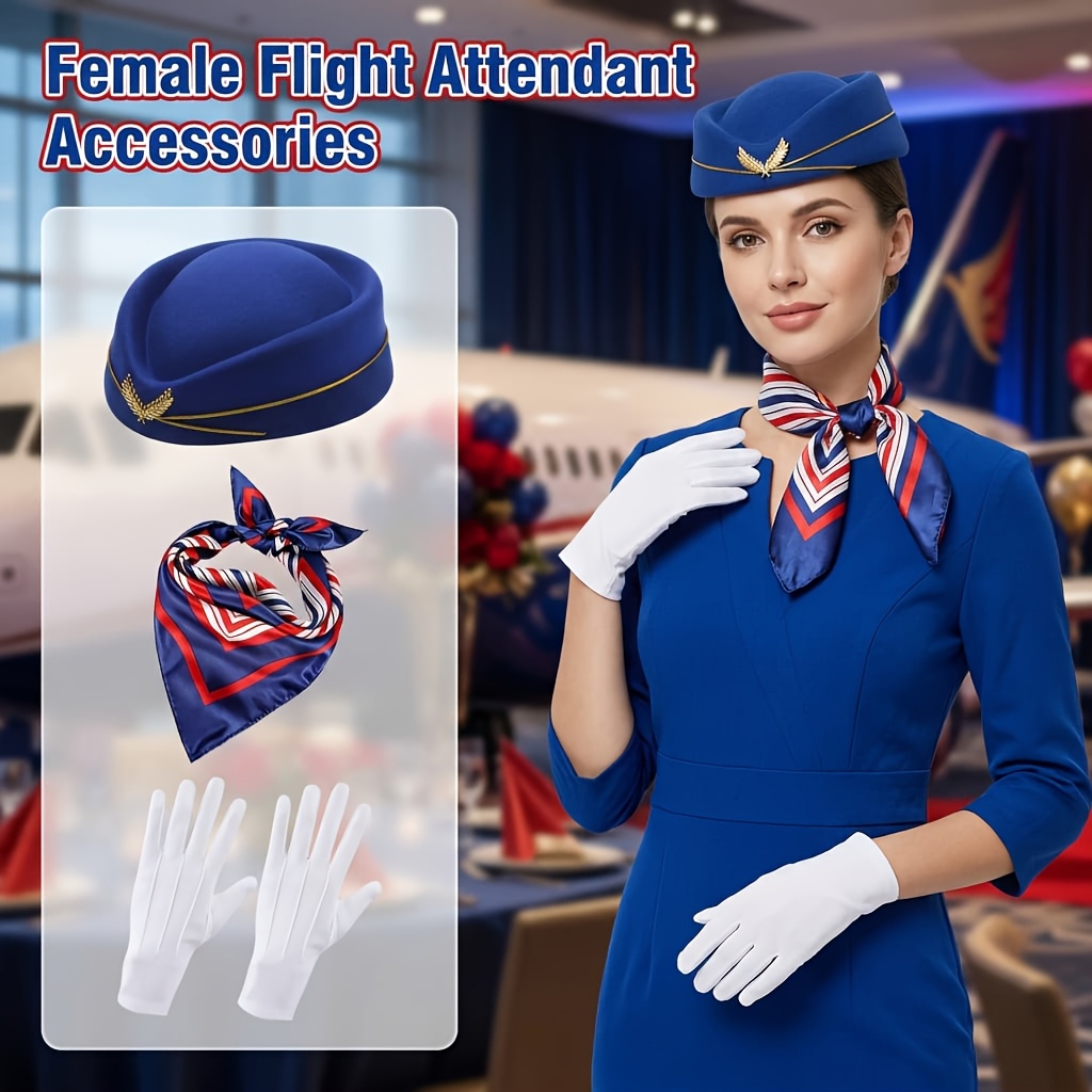 TEMU Costume d'hôtesse 3 pièces pour femmes adultes - Uniforme de stewardesse de compagnie aérienne rétro avec chapeau, écharpe et gants, convient
