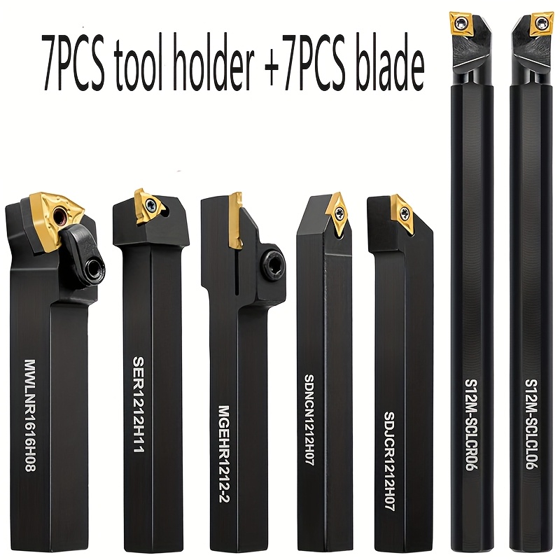 Image of Set Of 14 Golden Lathe Turning Tools, Including 7pcs Of 1/2 Inch (127mm) Tool Holders And 7pcs Of Indexable Hard Golden Inserts Ccmt060204 Dcmt070204 11er Wnmg080404 Mgmn200-g