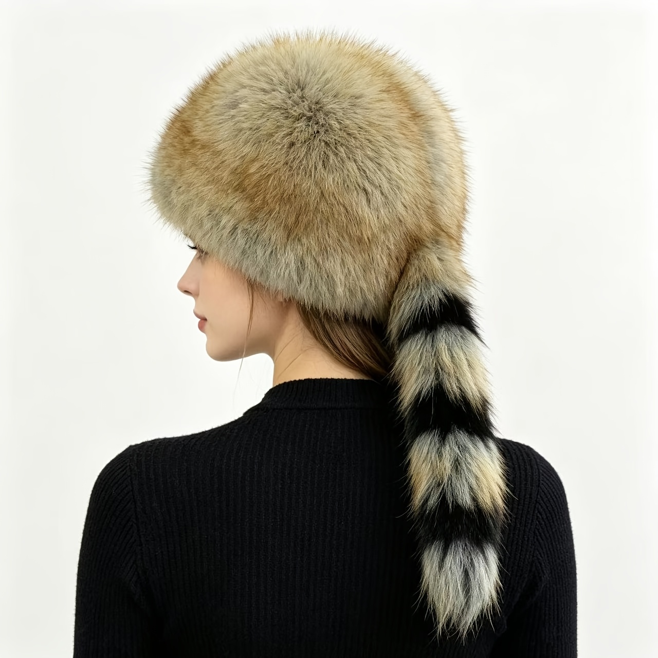 TEMU Women's Winter Bucket Hat With Fluffy Long Tail, Ultra-thick Warm Plush Hat, Retro Fashion Accessory For Skiing, Parties, And Cold Weather