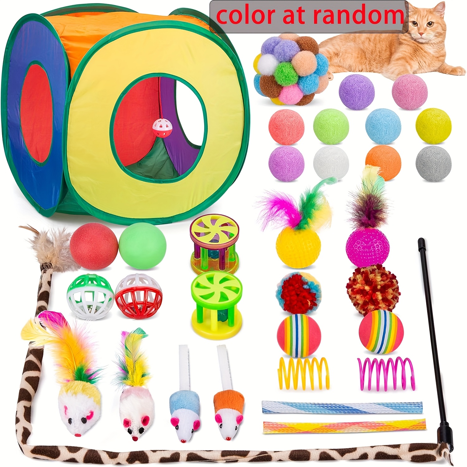 TEMU 33pcs Cat Toys Pack With Collapsible Play Tunnel, Feather Wand, Mouse - Interactive Indoor Cat Toys For Kittens, Soft Fabric Safe Toys For