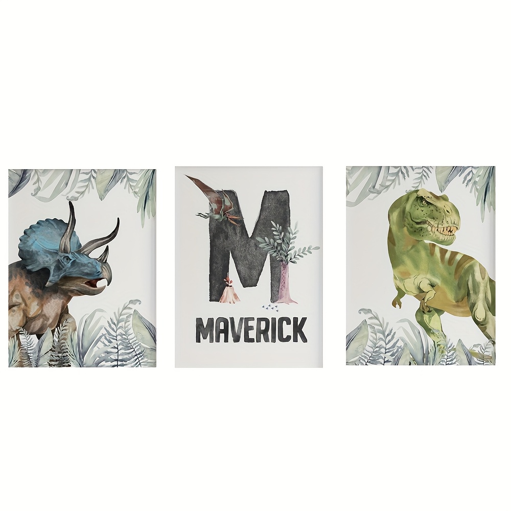 TEMU 2d Flat, 2d Flat, Personalized Dinosaur-themed Canvas Artwork - A Trio Of Prints Perfect For A Room, Featuring A Custom Name Poster. Ideal For