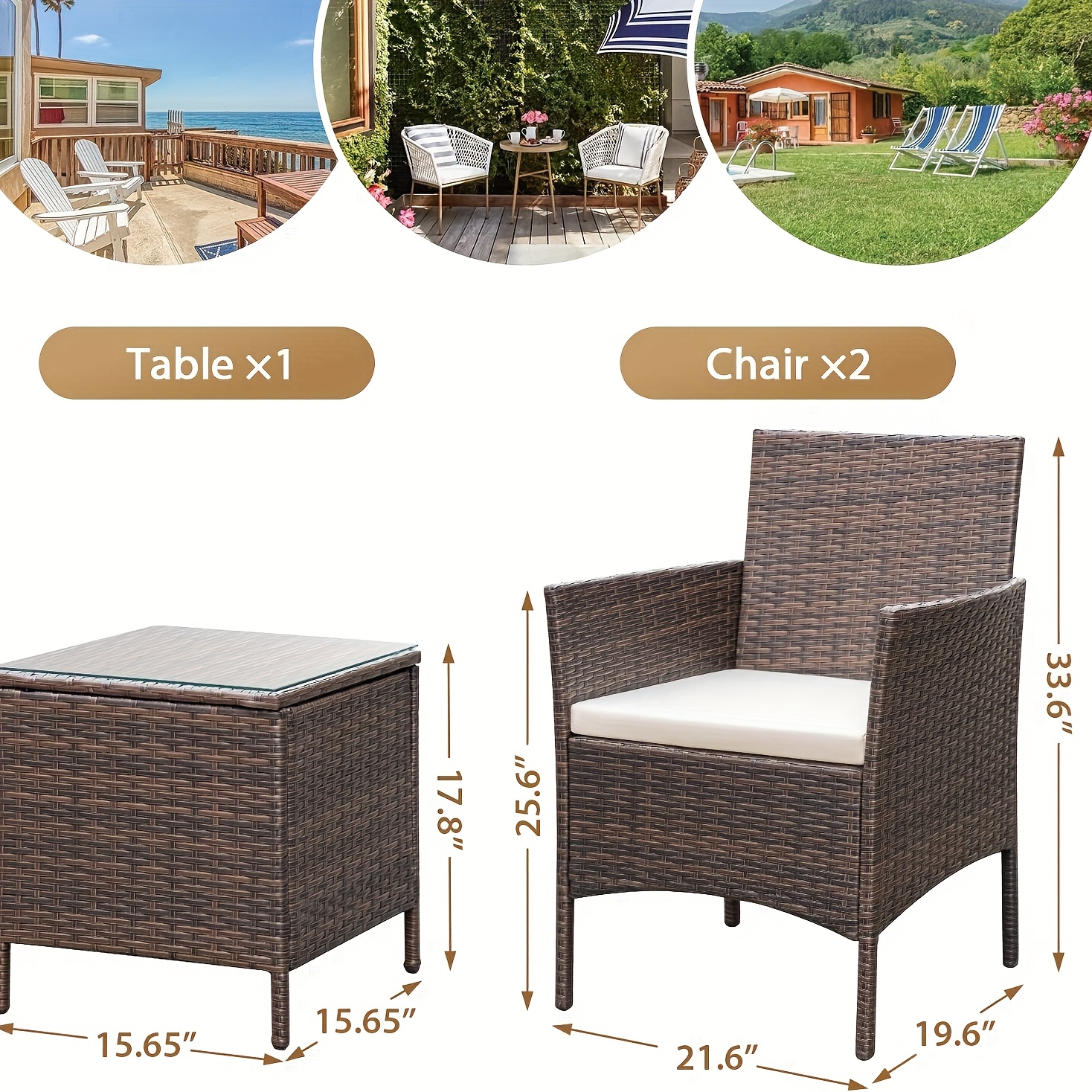 3pcs Rattan Outdoor Patio Set Wicker Conversation Set with Cushion Glass Coffee Table