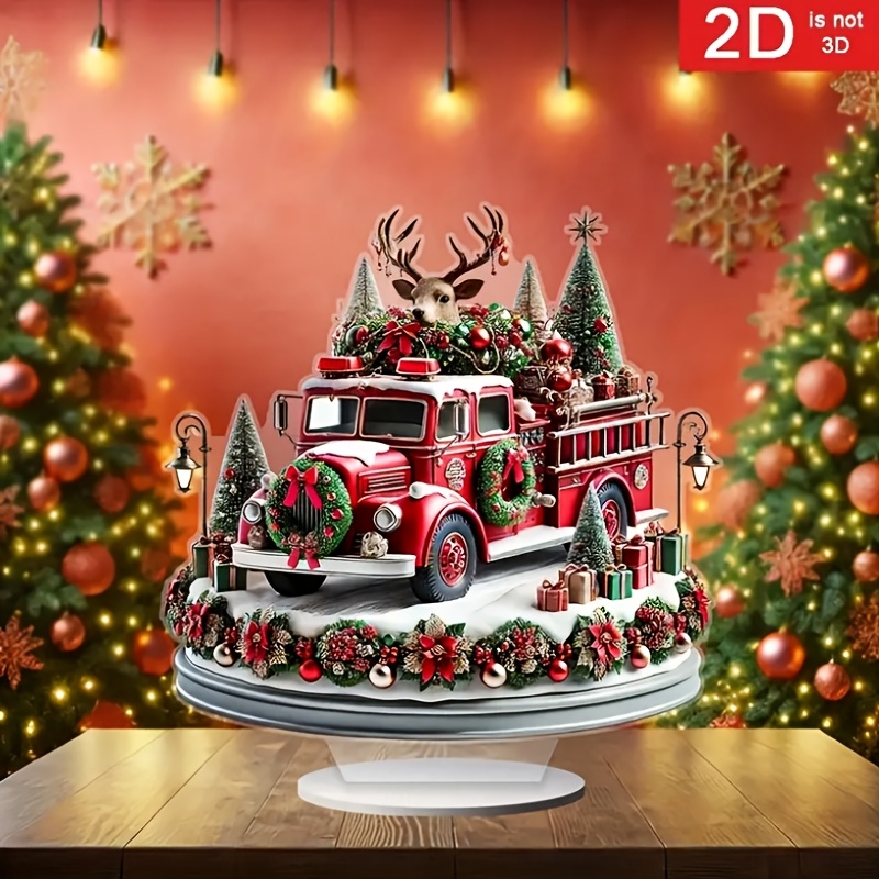 

2d Flat 2d Acrylic Christmas Fire Truck Desktop Decoration For The , Featuring Reindeer And Wreaths - A Theme, Multifunctional, Battery-free, Gifts And Seasonal Decor.