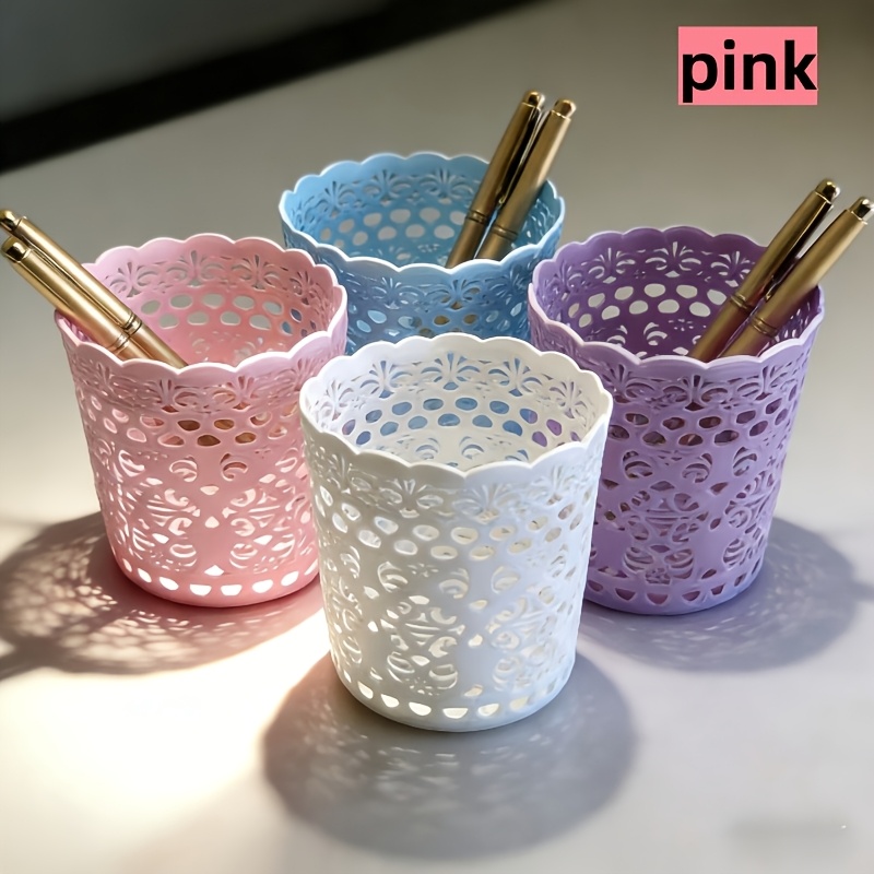 TEMU 4 Color Options, Small Size, 1pc Pack, Colorful Heart-shaped Openwork Lace Pen Holder, Desktop Storage Box, Plastic Pencil Cup, Cute Stationery