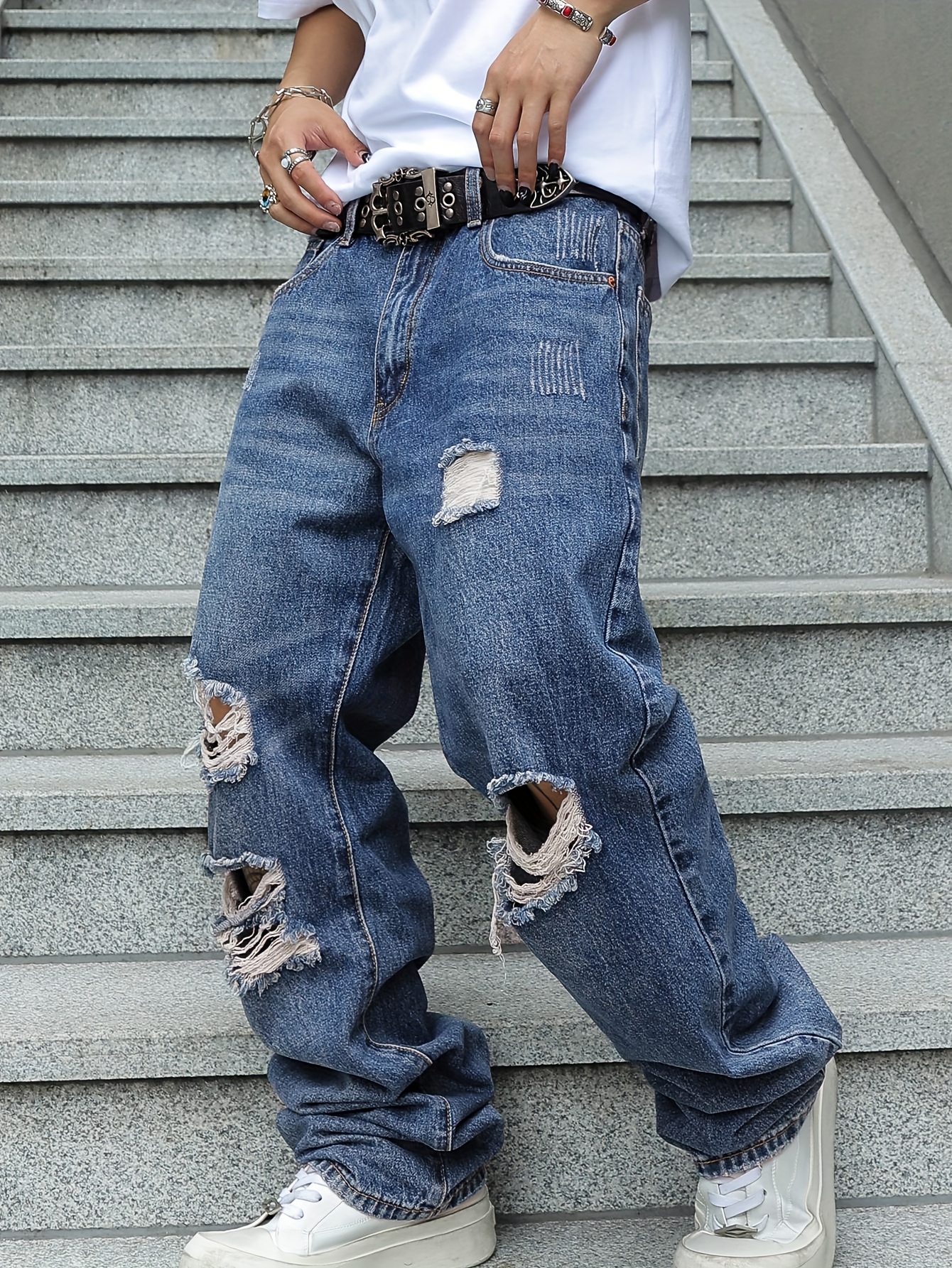 *'S Streetwear Ripped Baggy Jeans Hip Hop Distressed Vintage Loose Fit  Denim Pants Y2K Style Casual Trousers
