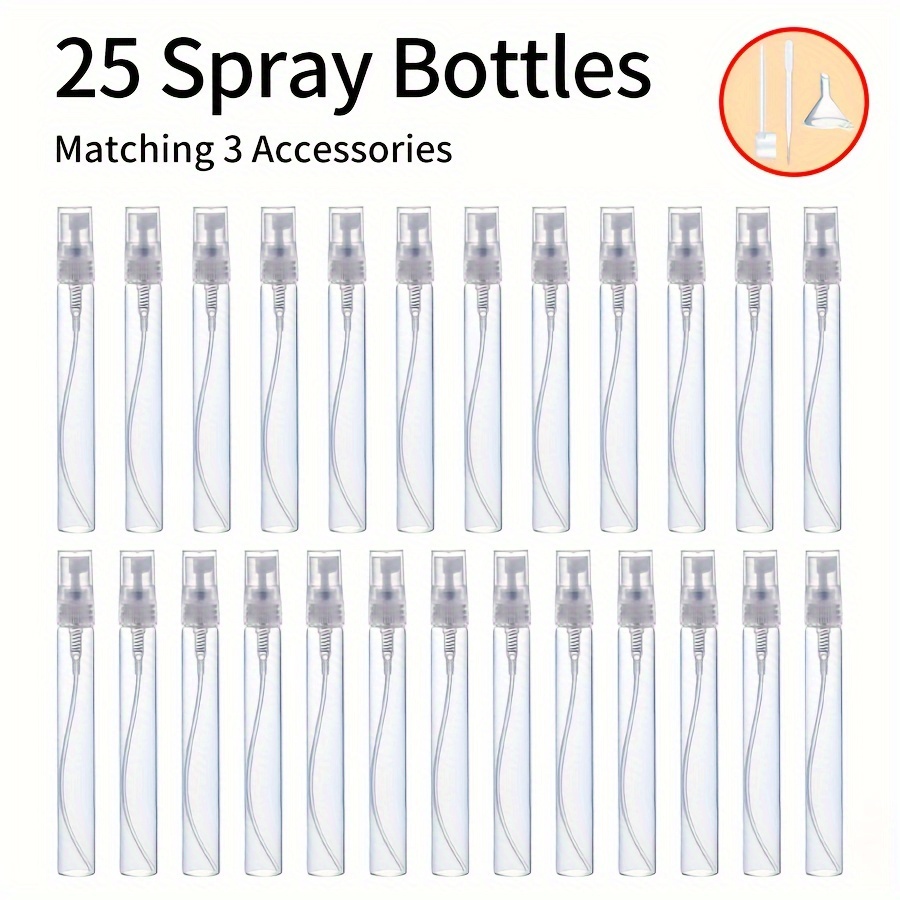 

25pcs+3 Accessories Portable Refillable Glass Transparent Empty Spray Bottle 10ml, Including 25 Spray Bottles, 1 Funnel, 1 Dropper, 1 Dispensing Tool