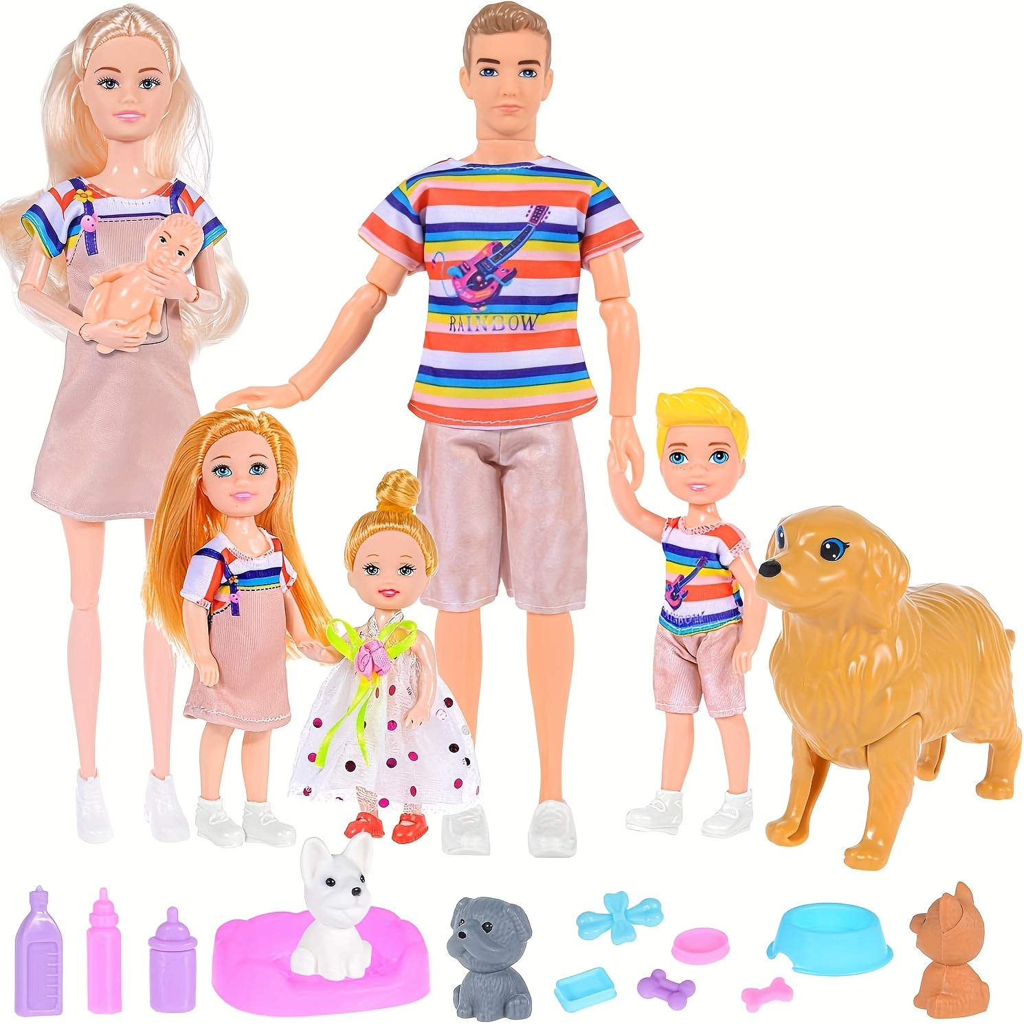 TEMU Family Dolls Set Of 6 People With Dollhouse Pets And Accessories Included Pregnant Mom, Dad, 3 Kids And A Baby In Tummy, Doll Playsets And