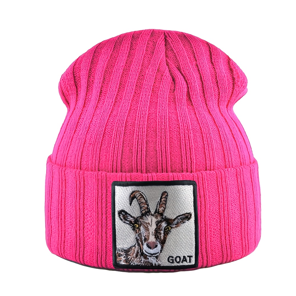TEMU Bonnet Unisexe Brodé Chèvre - Bonnet d'Hiver en Polaire Chaud pour Hommes et Femmes, Style Rétro Streetwear Hip-Hop avec Broderie Visage de