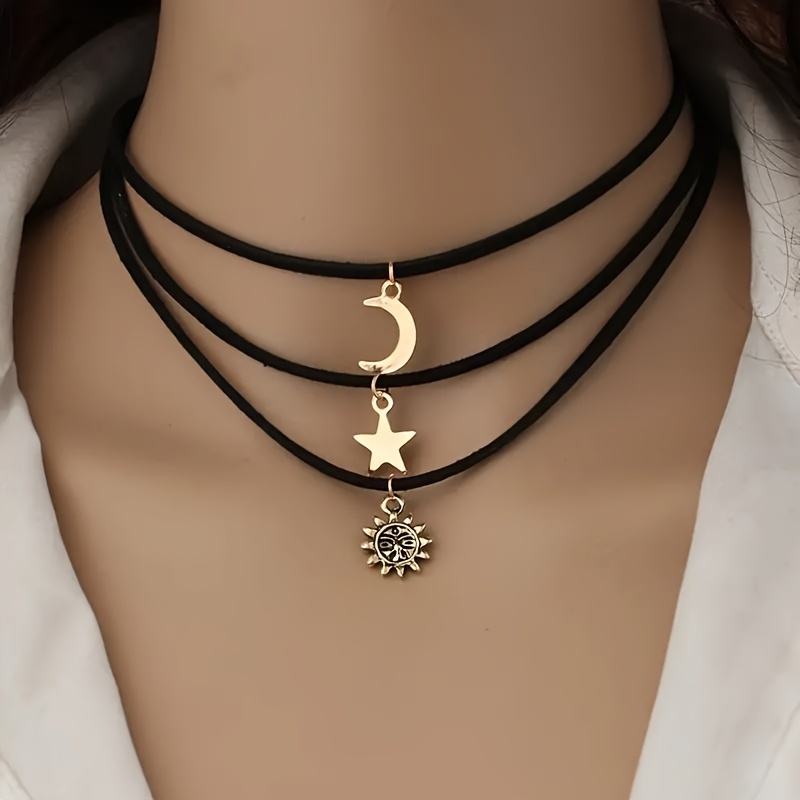 

Faux Leather Choker Necklace Set With Star, Moon, And Sun Pendants - Fashionable 3-piece Layered Short Necklace For Women, Hip-hop Jewelry Accessory