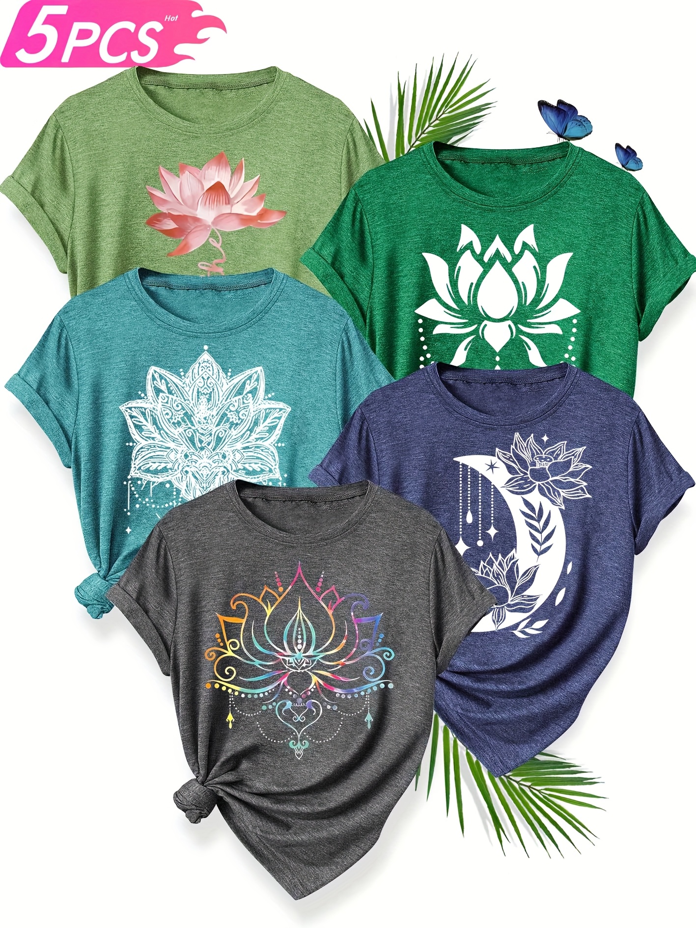 5pcs womens floral print t shirts casual crew neck short sleeve medium stretch vibrant colors s xxl   spring summer Product details 2