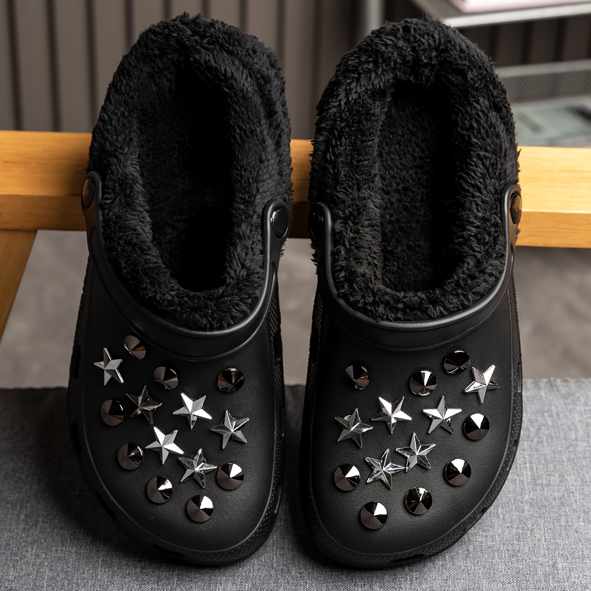 

Punk Style Slippers With Metal - Cozy Fleece-lined, Non-slip Eva Sole For Indoor/outdoor Wear