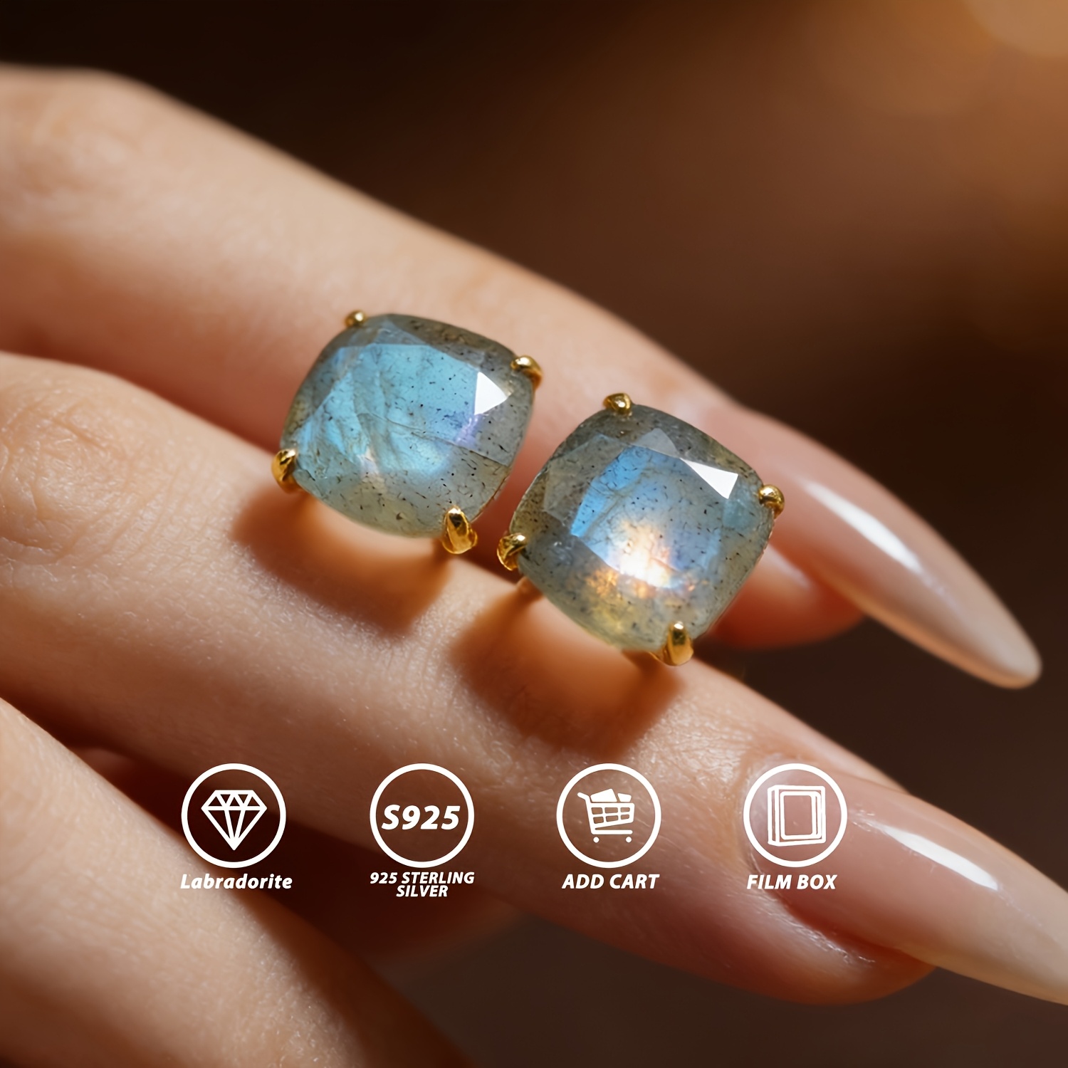 Natural S925 Silver Cushion Cut Stud Earrings, Aurora Halo