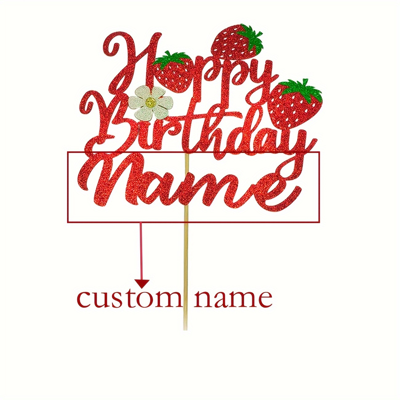 

Custom Happy Birthday Cake Topper With Name - Double-sided Sparkle Card, Strawberry Design, Perfect For Party Decorations & Gifts