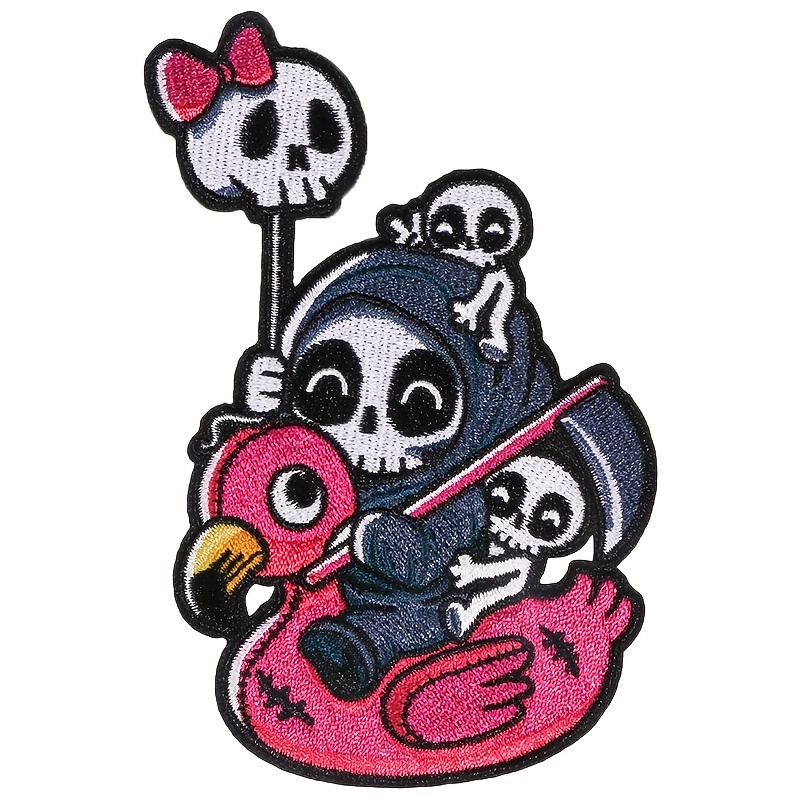 1pc Skeleton Rider Pink Duck Embroidered Skull Patches - Diy Hot Stamping Decals For Costumes, Jackets, Bags - Gothic Horror & Novelty Accessories, Costume Embellishments, Design, Intricate Embroidery