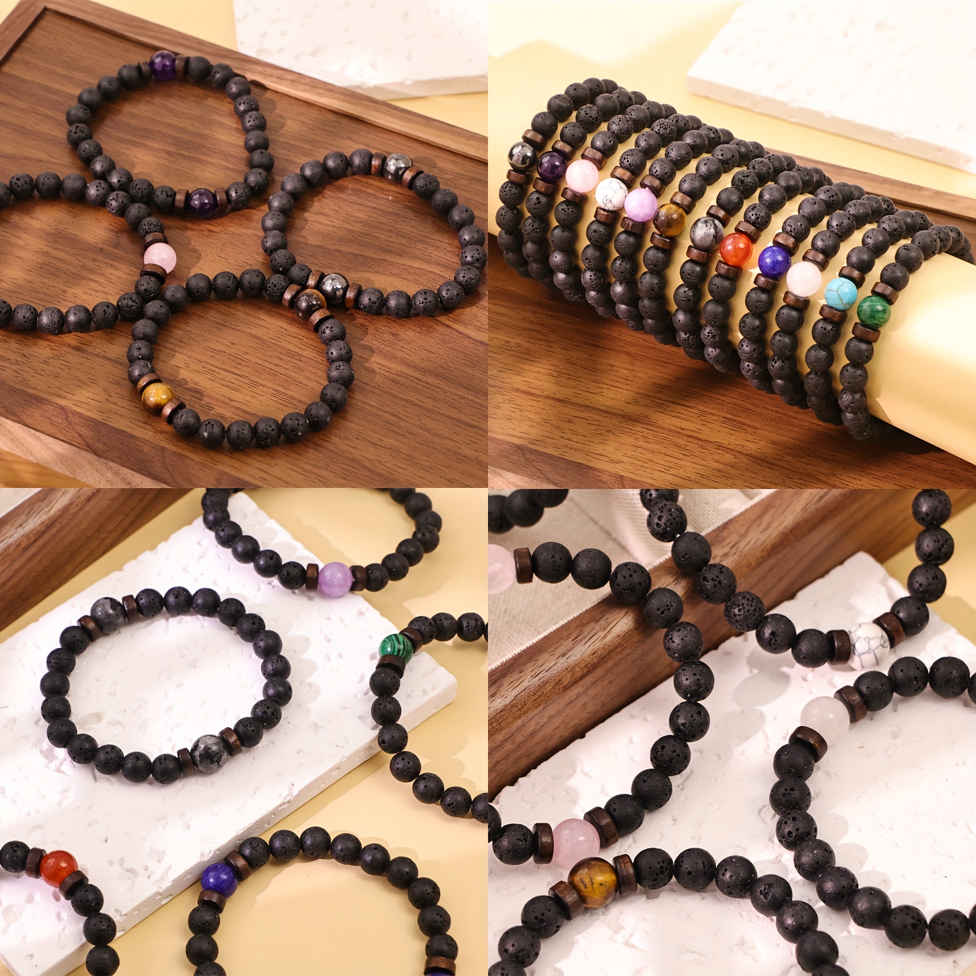 12pcs Vintage Black Natural Stone Bracelet Set