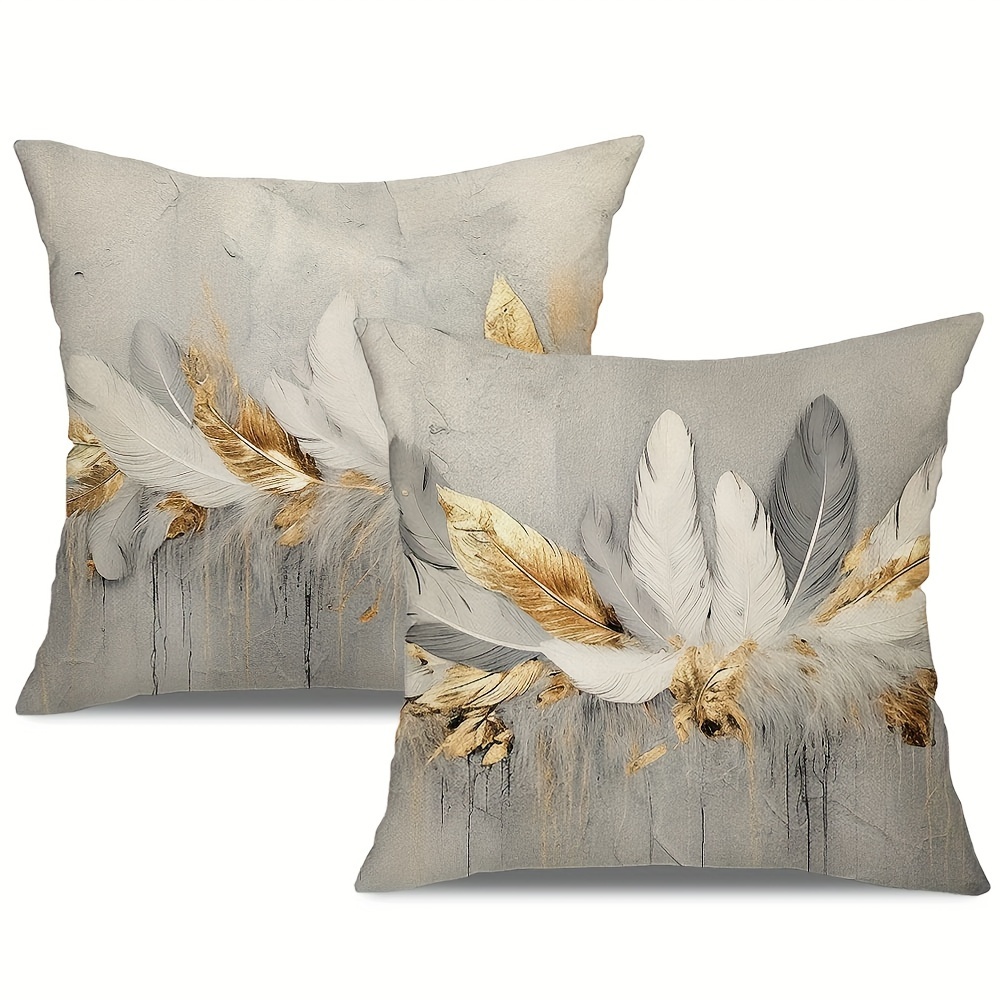 TEMU 2pcs Vintage Abstract Feather Throw Pillow Covers, 18x18 Inch, Grey & Golden, Linen Blend, Zip Closure - Perfect For Living Room, Patio, And Farmhouse Decor (insert Not Included)