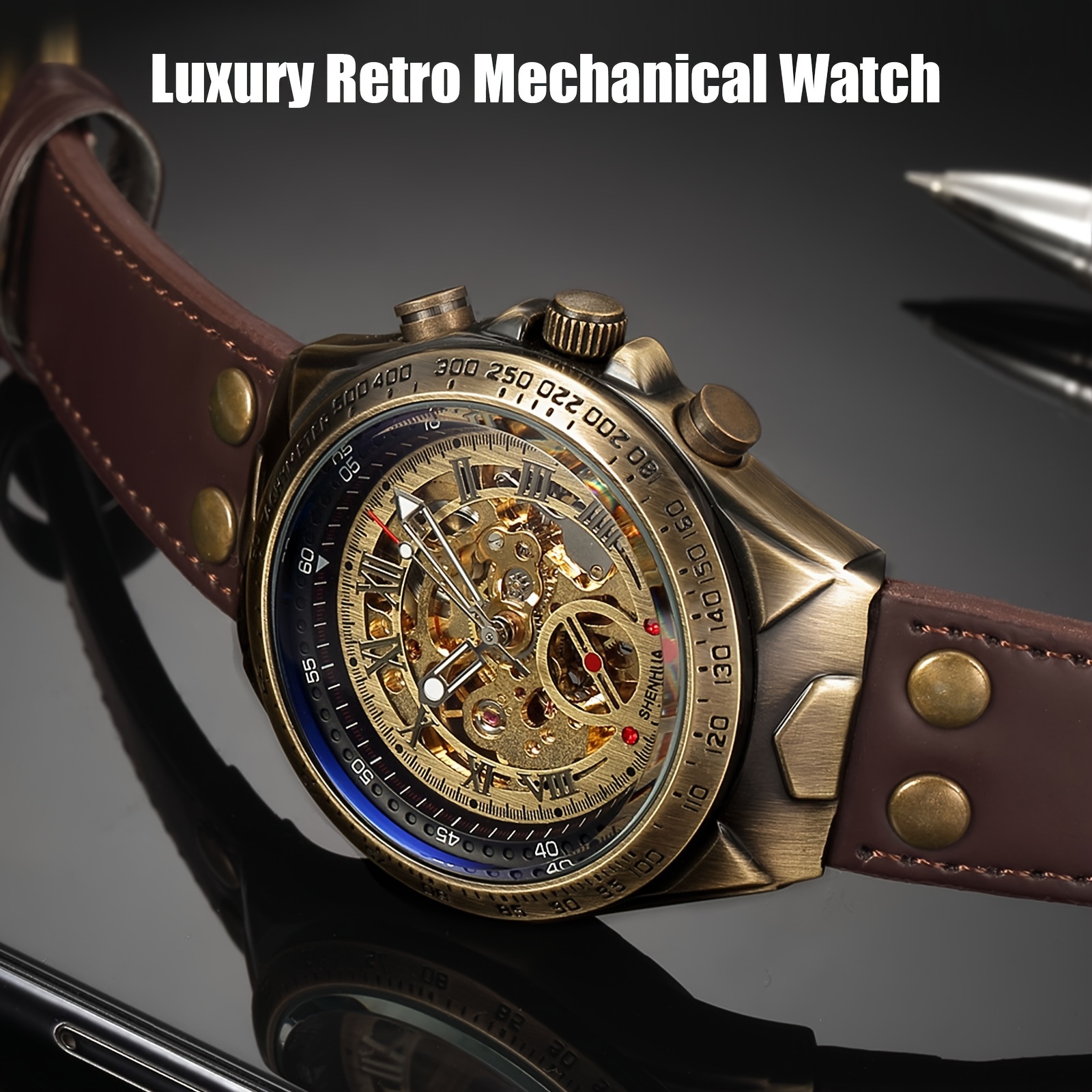 1 Men'S Automatic Mechanical Watch - Classic Hollow Dial Retro Luxury Watch with Exposed Skeleton Movement, Golden-Tone Hands & Roman Numerals, Precision Timekeeping, Durable Silicone Strap - Ideal Gift for Men, Christmas, Birthdays