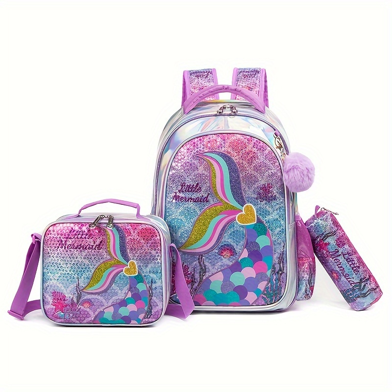 

Mermaid Tail Backpack Set, School Bag With Lunch Box And Pencil Case, Cute Sequin Shoulder Bag, Insulated Lunch Tote, Sparkly Pink Leather Backpack Combo