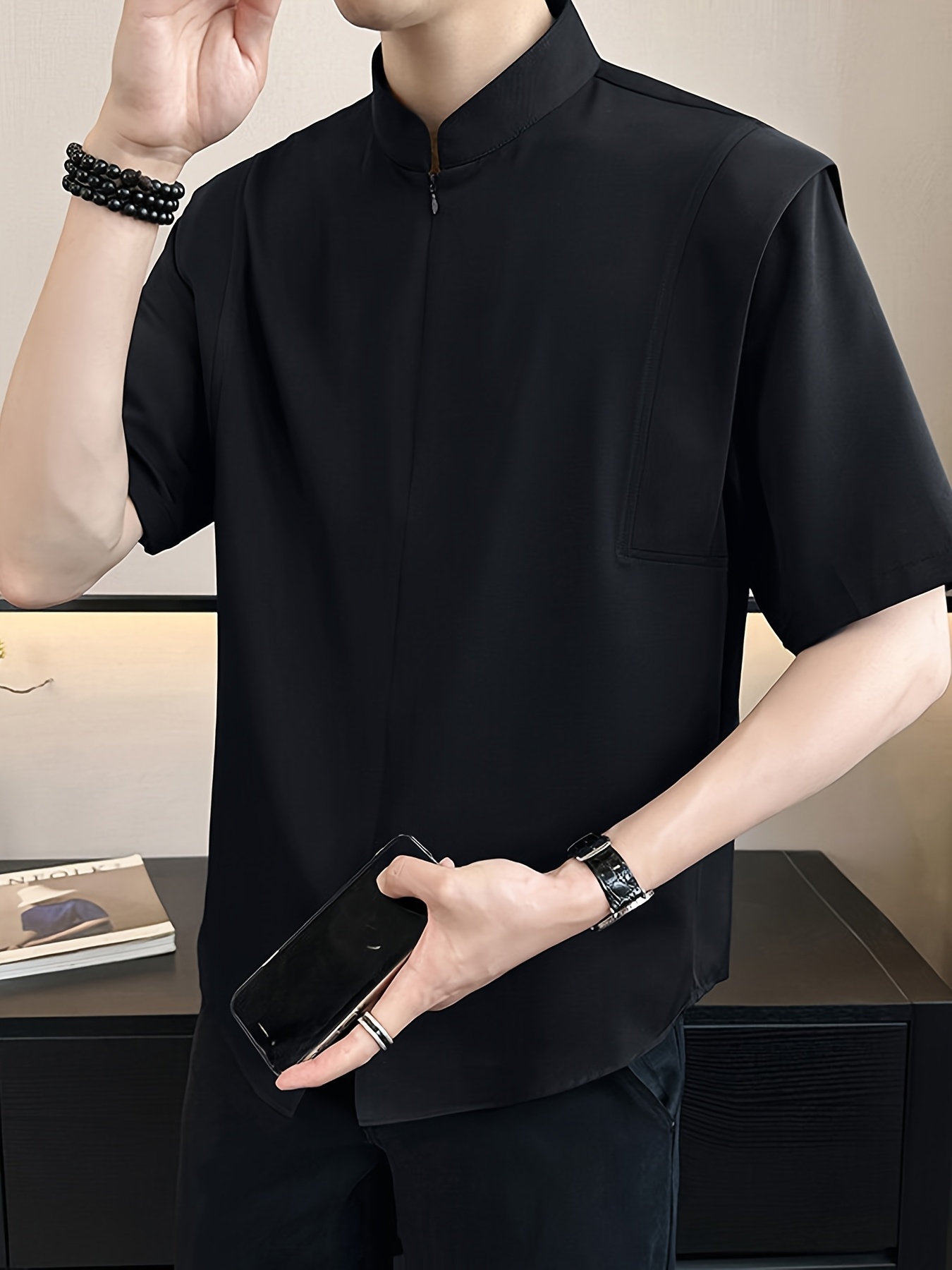 Men'S Vintage-Inspired Breathable Short Sleeve Shirt with Stand Collar & Zipper Front - Lightweight Casual Summer Blazer for Casual Attire, Black Pants & Accessories, Vintage Shirt