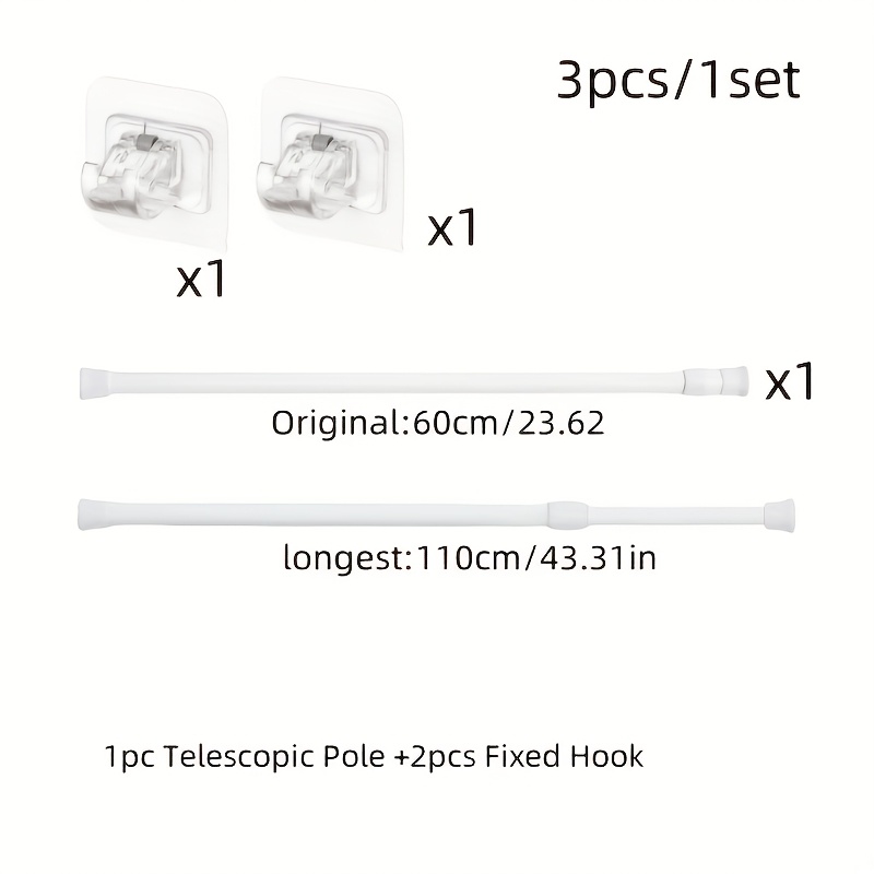 E-shop 3-teiliges Set (1 Teleskopstange + 2 Befestigungshaken), teleskospalter, bohrfreier Spalter für freie Montage von Trockenstangen, Vorhangstangen