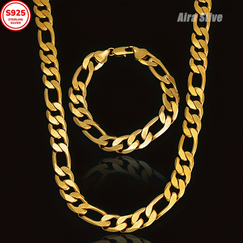 TEMU 925 Silver Cuban Chain Two-piece Set, Cuban Bracelet And Necklace Set, Men's Additions, Vintage Set, High-quality Men's Jewelry, , Perfect Gift
