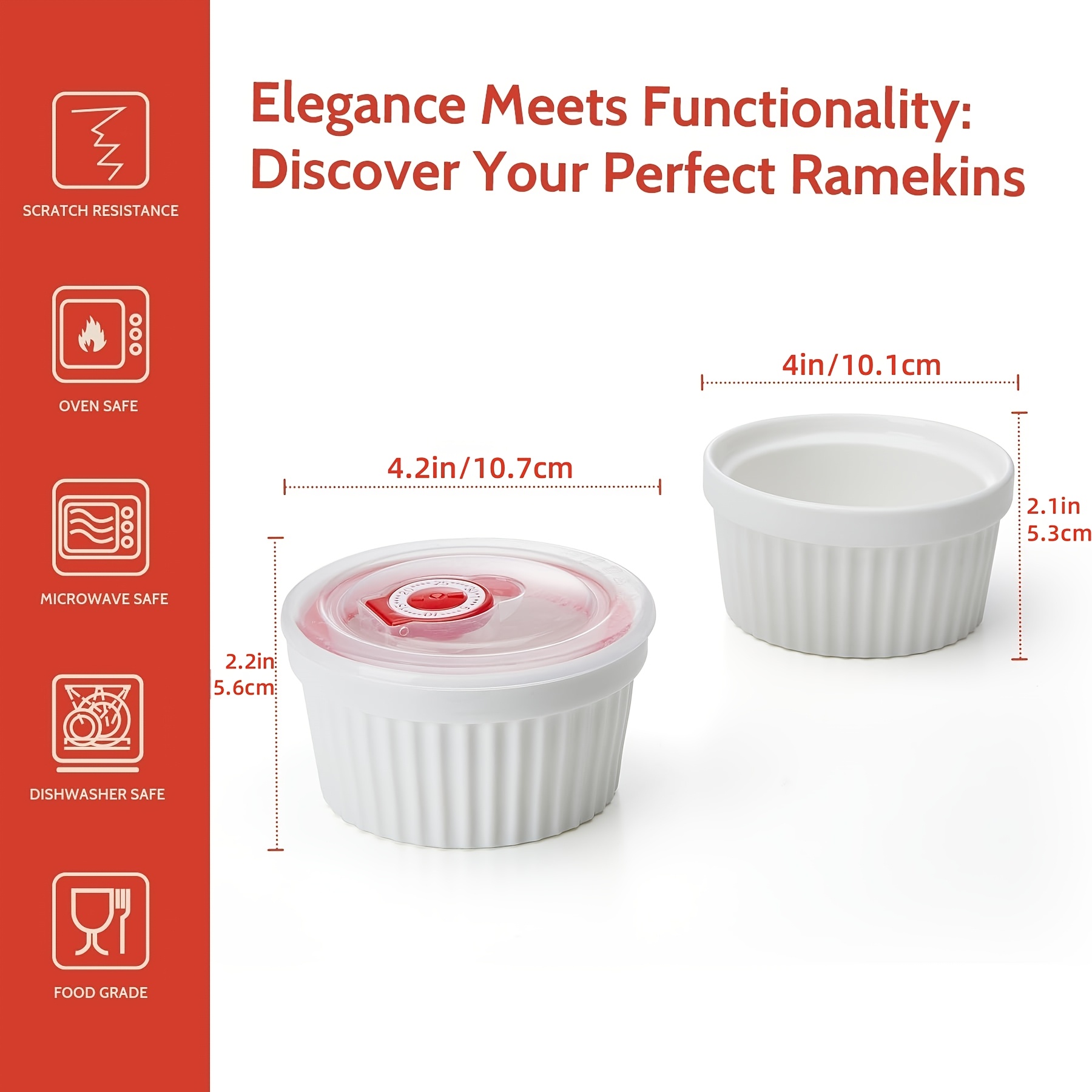 TEMU Set Of 6 8-ounce Porcelain Ramekins With Lids, Ideal For Baking Souffl&eacute;s, Cr&egrave;me , And Oven-safe Pudding Custard Bowls; Essential Kitchen Items For Baking And Food Storage