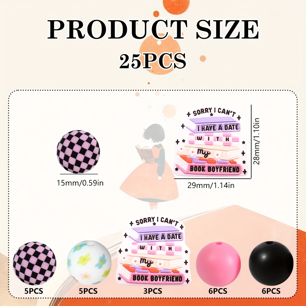 TEMU 25pcs Silicone Bead Set - Colors And Patterns | Designs | Smooth End Beads - Perfect For Crafts Like Keychains, Necklaces, Bracelets, Decorative