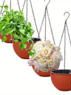 4 pack bohemian striped plastic hanging flower pots with double chamber design drainage holes chain hooks weather resistant indoor outdoor planters for patio balcony garden decor outdoor flower pots