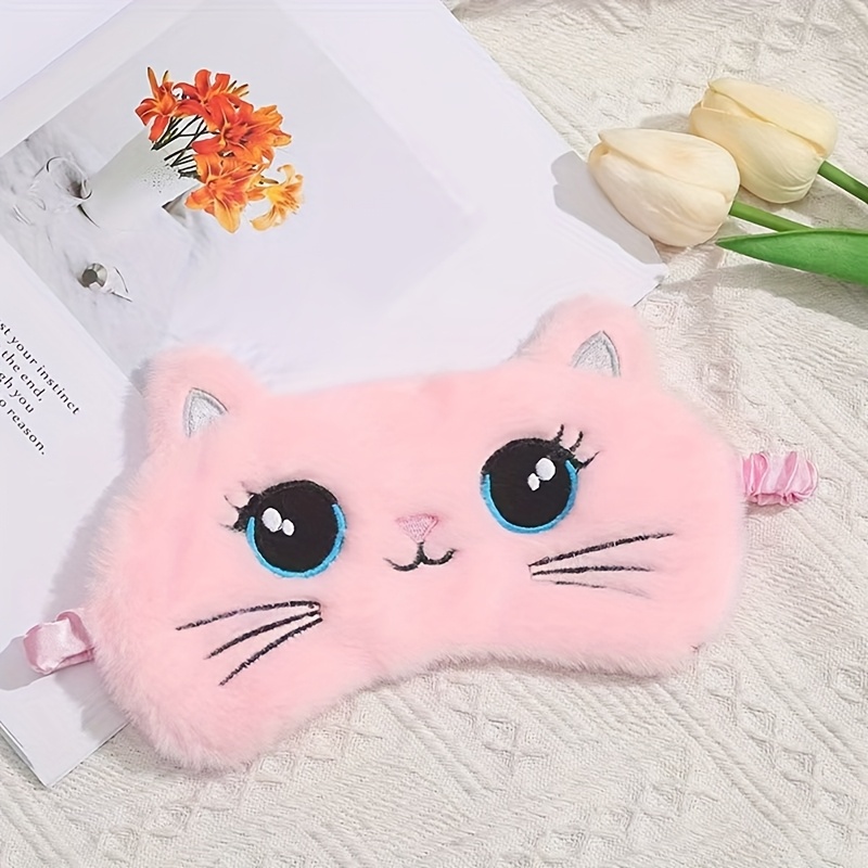 Image of 1pc Embroidered Cute Cat Eye Mask Cartoon Big Eyes 3d Cat Pattern Animal Plush Sleep Mask Soft And Comfortable, Suitable For Napping Travel Rest Sleeping Eye Cover, Essential For Travel