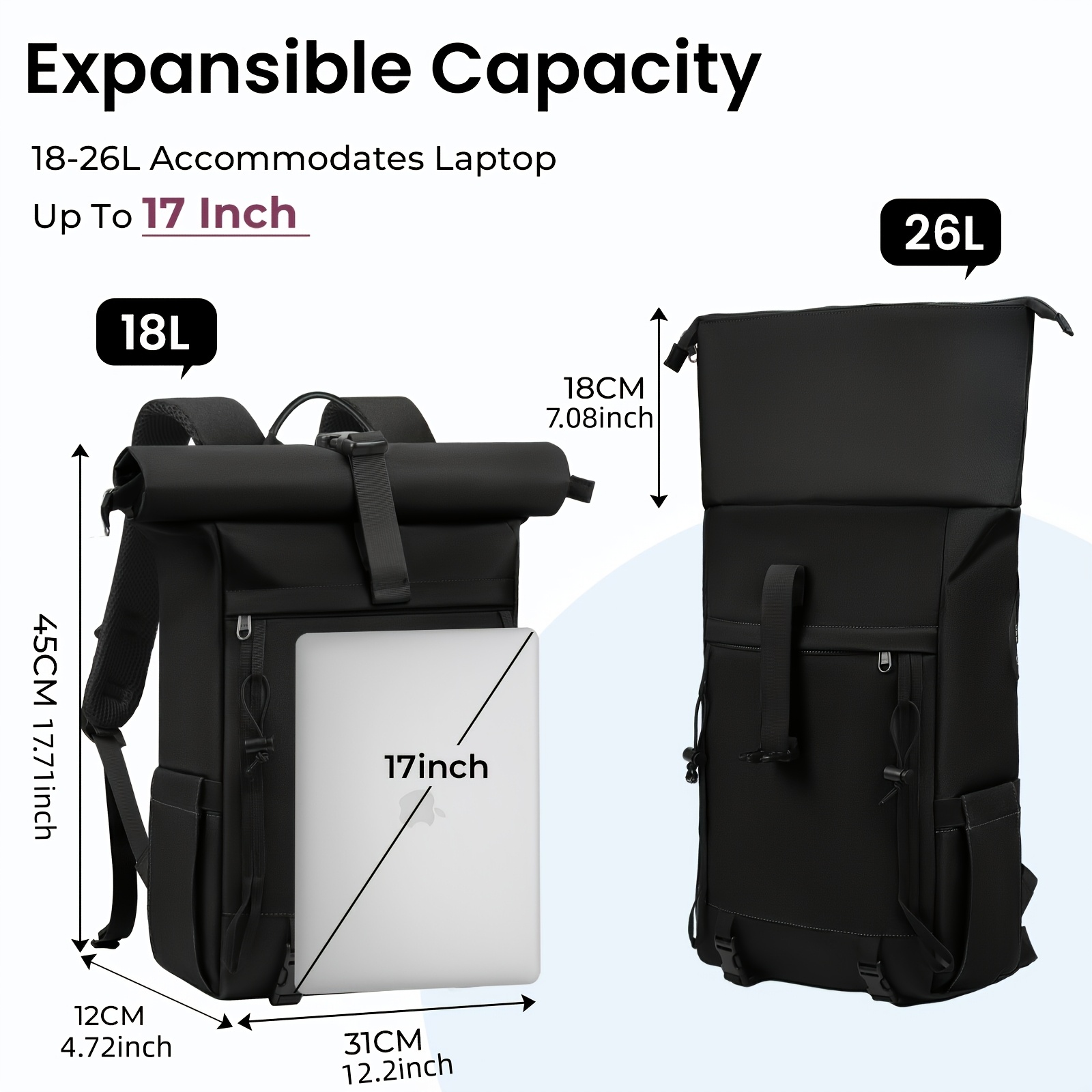 RAINSMORE 17-inch Travel Laptop Backpack for Outdoor Hiking, Unisex, Suitable for Hiking, Mountaineering, Work, Camping, Large Capacity Backpack, Black