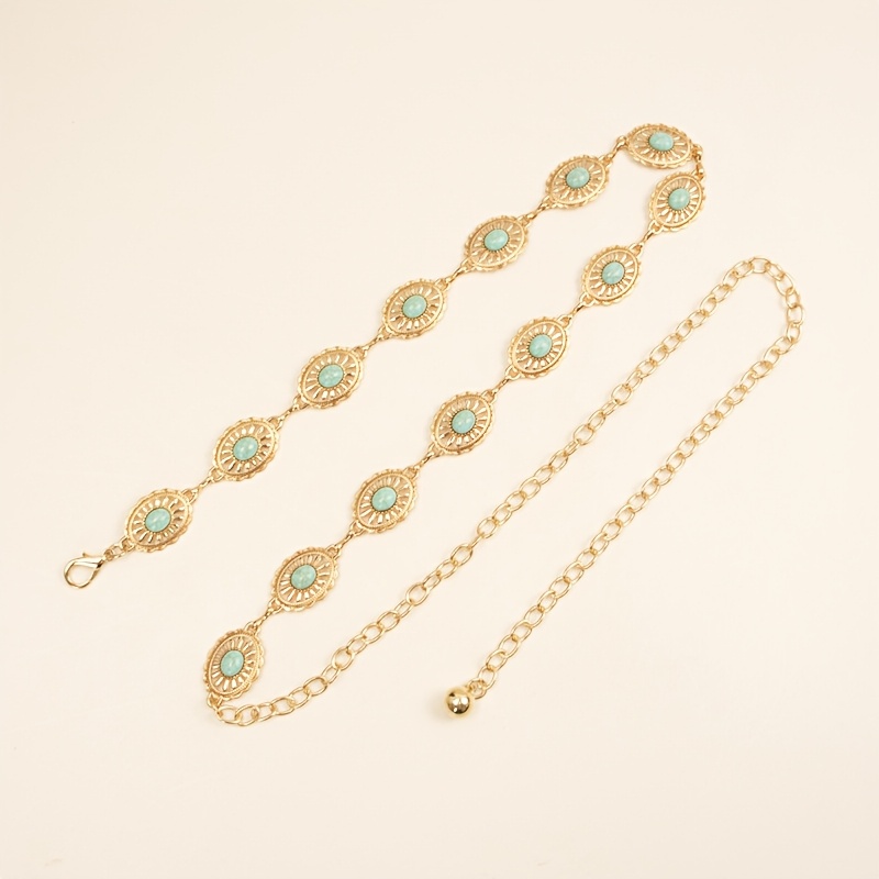 TEMU A Golden-green / Silvery-green / Golden-white / Silvery-red Vintage Turquoise Inlaid Belt With Oval Engraving, A Waist-decorating Skirt