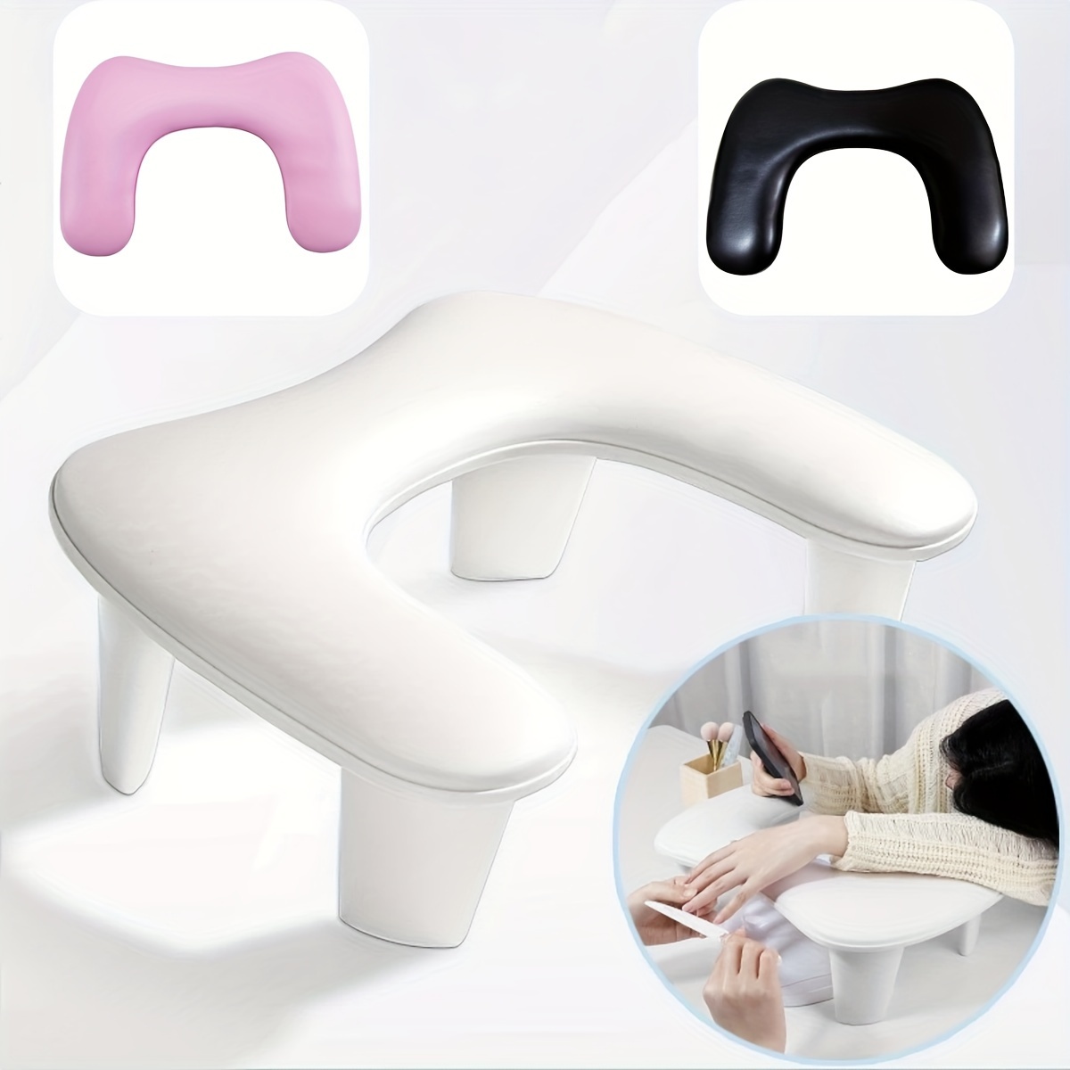 

Ergonomic Nail Art Hand Rest Pillow - Pink, Black, White - Removable U-shaped Resting Pad For Comfort - No Fragrance