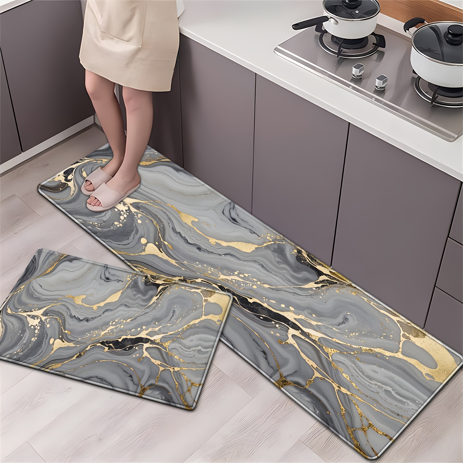 TEMU 2pcs Set Of Gray Gilded Marble Print Kitchen Mats, Soft Absorbent Non-slip Polyester Rugs, Lightweight Rectangular Floor Mats With 0.392-inch
