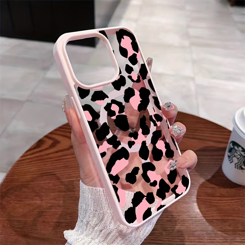 TEMU Phone Case - Pink Leopard Print Phone Case, Supports Wireless Charging, Drop-proof, Skin-friendly Magnetic Case, Suitable For Iphone